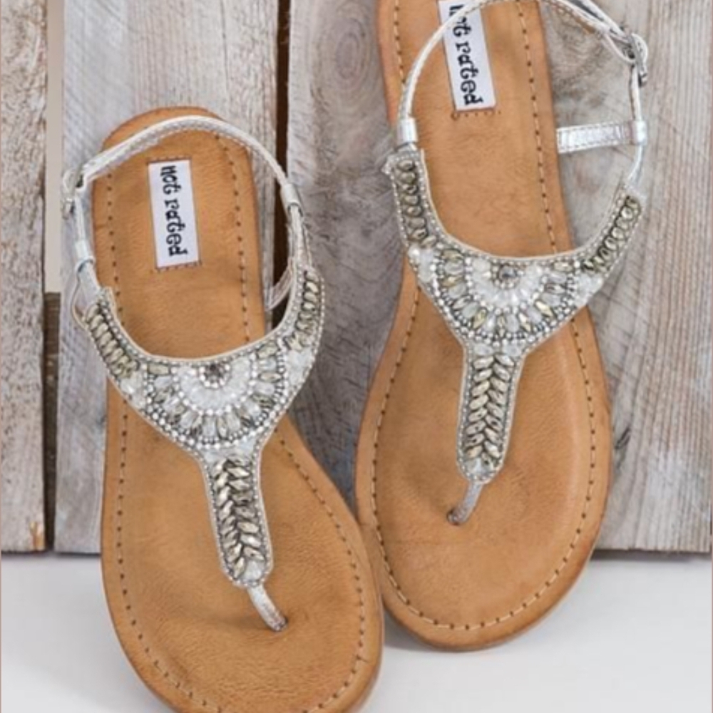 Not Rated Silver Tan Sandals with Beaded Embellishments